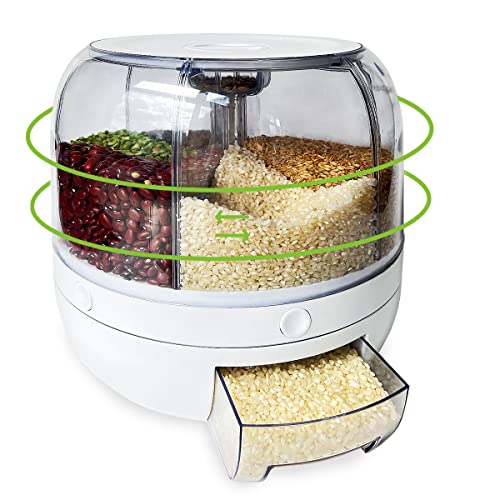 WOWZILLA Dispensador redondo de arroz y alimentos secos Snurra de 13 libras, organizador de cocina, contenedor de granos giratorio de 360° de 6 rejillas para el hogar, cubo transparente de cereales, caja de almacenamiento, latas transparentes de frijoles