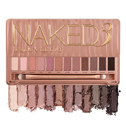 URBAN DECAY Paleta de sombras de ojos Naked3, 12 tonos neutros rosados versátiles para todos los días, colores ricos y ultramezclables con textura aterciopelada, el juego incluye espejo y brocha de maquillaje de doble punta