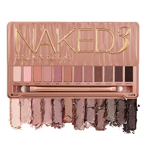 URBAN DECAY Paleta de sombras de ojos Naked3, 12 tonos neutros rosados versátiles para todos los días, colores ricos y ultramezclables con textura aterciopelada, el juego incluye espejo y brocha de maquillaje de doble punta