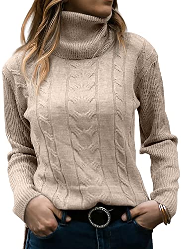 Suéteres de cuello alto para mujer Jersey de manga larga Suéteres de punto de cable Jersey suave Beige