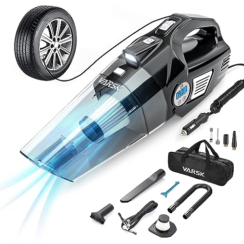 VARSK Aspirador de coche 4 en 1 de alta potencia, inflador de neumáticos portátil para coche con indicador digital de presión de neumáticos, pantalla LCD y luz LED, 12 V CC, cable de 15 pies, accesorios esenciales para coche para hombres y mujeres