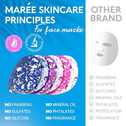 MAREE Mascarillas faciales para el cuidado y la belleza de la piel – Mascarillas faciales con extracto de perla natural, colágeno marino y ácido hialurónico – Mascarillas faciales de colágeno antienvejecimiento para arrugas y piel seca, paquete de 6