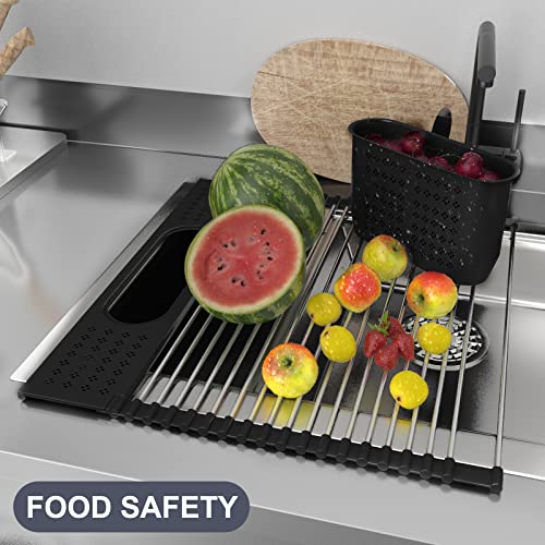 LEMIKKLE Escurreplatos enrollable de 17 x 15, escurridor de platos multiusos para cocina, escurreplatos plegable de acero inoxidable (negro)