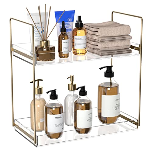 Organizador de encimera de baño, bandeja acrílica de 2 niveles, estante organizador para el cuidado de la piel, estante de pie para debajo del fregadero, soporte de almacenamiento para loción, maquillaje, cosméticos, perfume, especias, dorado