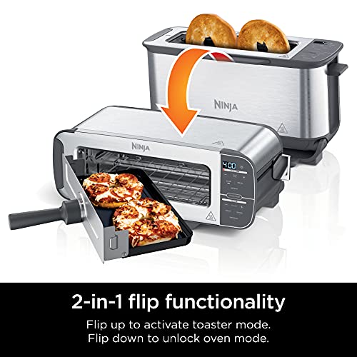 Ninja ST101 Foodi Tostadora plegable 2 en 1, capacidad para 2 rebanadas, horno tostador compacto, máquina para hacer refrigerios, recalentar, descongelar, 1500 vatios, acero inoxidable