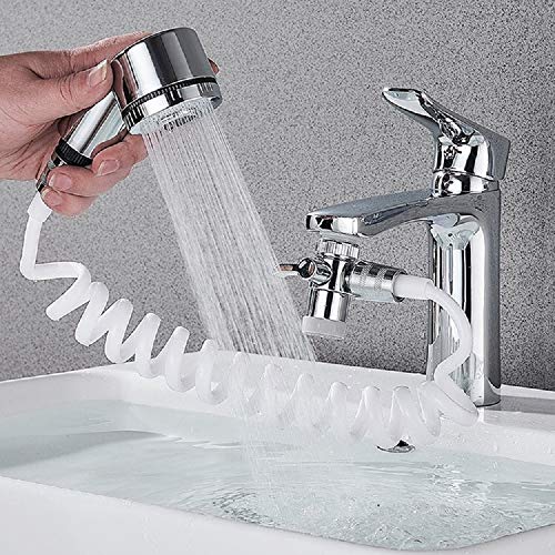 MANYHORSES Hand Shower Sink Hose Sprayer,Shampoo Sink Hose Sprayer Attachment,Faucet Extension Tubes, Chrome, Adjustable Mode,Copper Valve Adapter,No Drilling Support