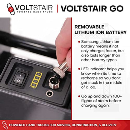 Voltstair GO Carretilla de mano motorizada eléctrica portátil para subir escaleras con batería extraíble, con cuerda elástica incluida y pistas antideslizantes para levantamiento pesado (capacidad de elevación de 150 lb) negro/rojo