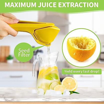 Exprimidor de limón manual, exprimidor de lima y limón con extracción máxima de jugo, exprimidor de limón plano fácil de usar con apalancamiento para reducir el esfuerzo, exprimidor manual de cítricos con colador incorporado, amarillo