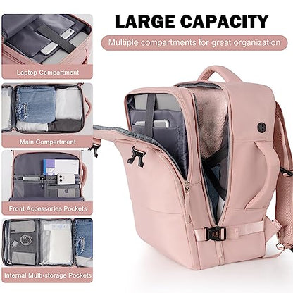 Rinlist Mochila de viaje, mochila de mano compatible con la TSA, aprobada por aerolíneas para mujeres y hombres, senderismo, gimnasio, trabajo, fin de semana, viajero, mochila informal, bolsa para artículos personales, rosa