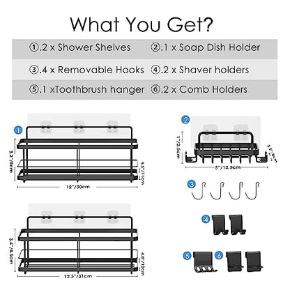 PIMVANS Estantes de Ducha Adhesivos Mejorados [9 Accesorios de Ducha Desmontables, Jabonera], Organizador de Baño de Acero Inoxidable, Estante de Ducha para Ducha Interior, Almacenamiento de Ducha, Negro (Negro)