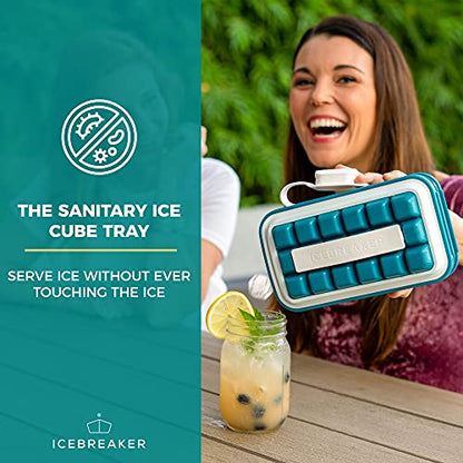 ICEBREAKER POP - Haga y sirva hielo sin tocar el hielo - La bandeja de hielo sanitaria para congelador - Bandeja de silicona para cubitos de hielo con tapa SIN derrames - La máquina para hacer cubitos de hielo hace 18 cubitos de hielo