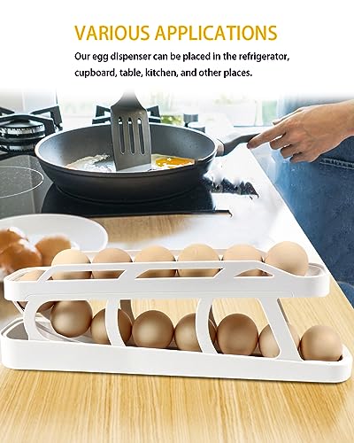 HAHOME Eggs Dispenser Auto Rolling Egg Tray Storage and Organizer, Space-Saving Egg Roller For Refrigerator White 2Pcs