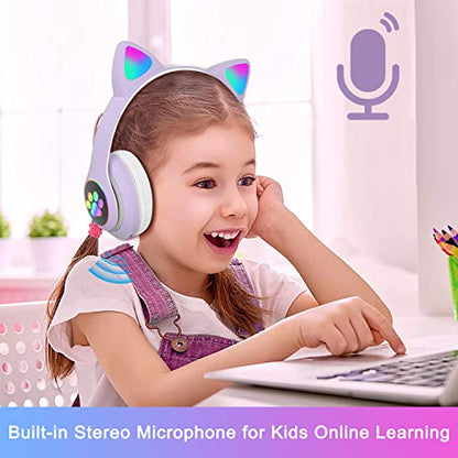 TOKANI Auriculares inalámbricos con micrófono, Bluetooth con orejas de gato para niños, adolescentes, adultos, niñas y mujeres (púrpura)