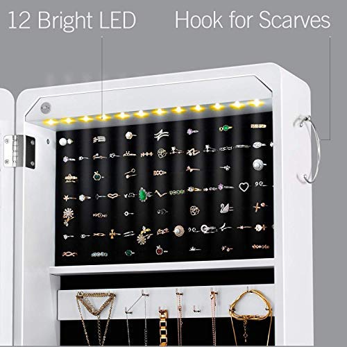 DECOMIL Armario de joyería con luz LED con espejo, gran almacenamiento de 57 pulgadas de alto, caja de armario con espejo, anillo para collar, 27 ganchos para niñas y mujeres, armerías de joyería modernas de pie con 3 ángulos ajustables