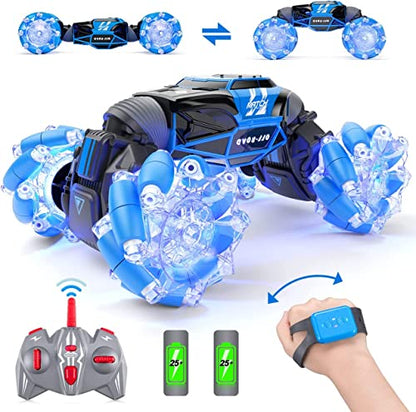 Powerextra LED Gesture Rc Car, 4WD 2.4GHz Control Remoto Coche con Detección de Gestos, Doble Cara Rotación de 360° Transformación Off Road Rc Stunt Car con Luces y Baile para Niños y Niñas de 6 a 12 Años