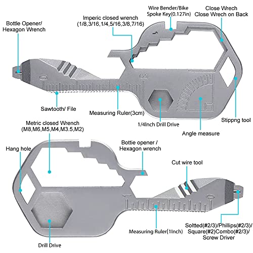 Multiherramienta clave | Herramienta de bolsillo con forma de llave 28 en 1, herramienta múltiple de llavero para taladro, destornillador, lima, llave, regla, abridor de botellas, pelado, herramientas para hombres, regalo (plateado)