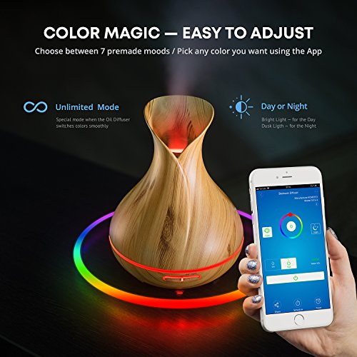 Difusor de aromaterapia de aceites esenciales inalámbrico WiFi inteligente - Funciona con Alexa y Google Home - Aplicación de teléfono y control de voz - Difusor y humidificador ultrasónico de 400 ml - Cree horarios - Configuración de LED y temporizador