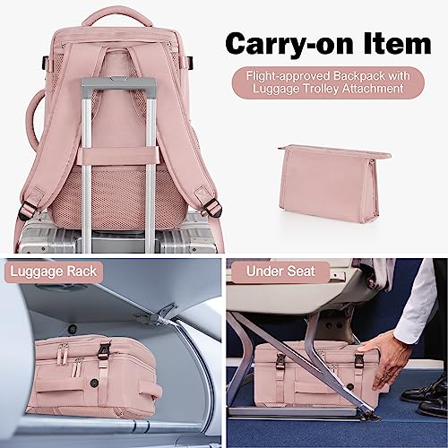 Rinlist Mochila de viaje, mochila de mano compatible con la TSA, aprobada por aerolíneas para mujeres y hombres, senderismo, gimnasio, trabajo, fin de semana, viajero, mochila informal, bolsa para artículos personales, rosa