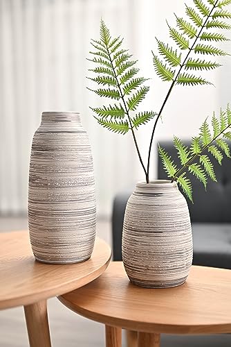 TERESA'S COLLECTIONS Rustic Ceramic Flower Vase for Home Decor, Tall Grey Decorative Vase for Pampas Grass, Set of 2 Boho Flower Vases for Table, Mantel, Fireplace, Shelf, Living Room, 6.3/9.1inch