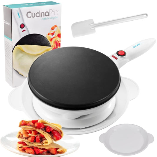 PRODUCTO 588 CucinaPro Crepera inalámbrica: guía de recetas GRATUITA, placa de inmersión antiadherente más base eléctrica y espátula para masa, panadero compacto portátil, desayuno o postre casero por la mañana, regalo para ella