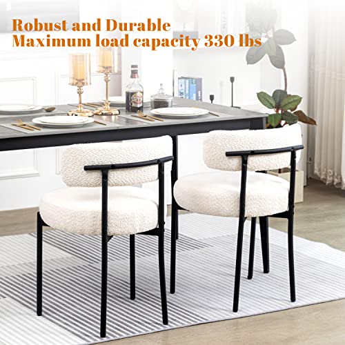 DYHOME Juego de 2 sillas de comedor blancas, sillas de comedor modernas de mediados de siglo, sillas de comedor de cocina, respaldo curvo, silla de comedor tapizada redonda Boucle con patas de metal negro