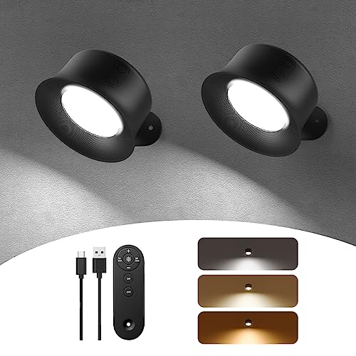 Luces de pared, apliques de pared LED, juego de 2 con batería recargable de 3200 mAh, 3 temperaturas de color y brillo, control táctil y remoto regulable, lámpara de lectura inalámbrica montada en la pared para mesita de noche en casa