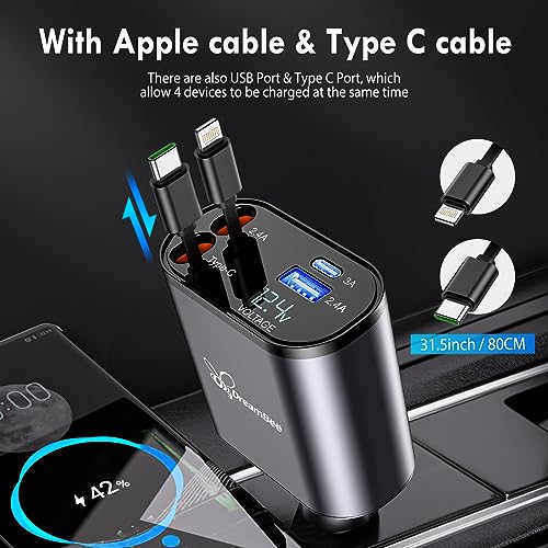 PRODUCTO 327  Cargador retráctil, Cargador de teléfono de Coche de Carga súper rápida 4 en 1 de 66 W, Cables retráctiles (31,5 Pulgadas) y Adaptador de Cargador de Coche de 2 Puertos USB para iPhone 15/14/13/12 Pro Max XR, iPad, Samsung, Pixel