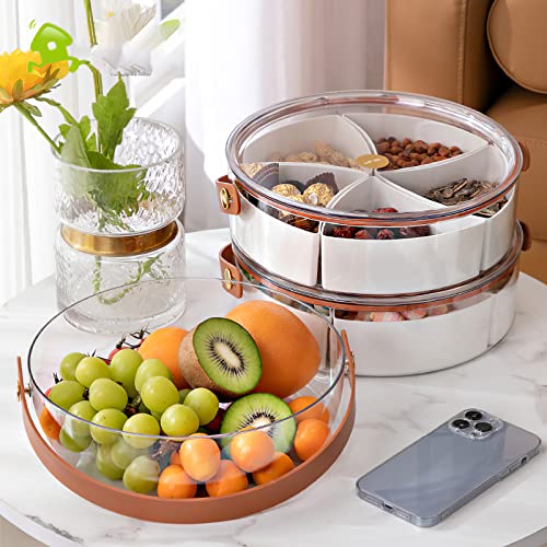 PRODUCTO 398 amokk Bandeja dividida para servir con tapa y asa Caja para refrigerios Contenedor de embutidos Platos portátiles para refrigerios para dulces, frutas, nueces, refrigerios, para fiestas, entretenimiento, picnic (transparente)