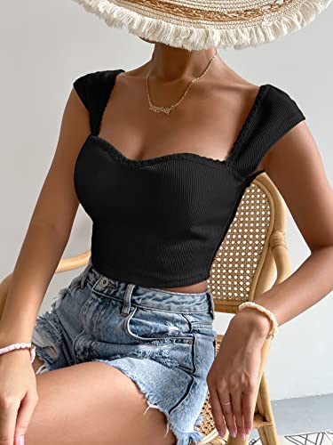 COZYEASE Camiseta corta con cuello en forma de corazón y manga casquillo con ribete de encaje para mujer, color negro S