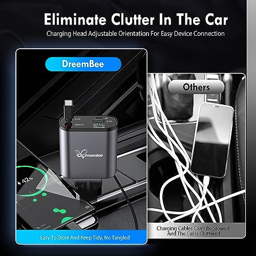 PRODUCTO 327  Cargador retráctil, Cargador de teléfono de Coche de Carga súper rápida 4 en 1 de 66 W, Cables retráctiles (31,5 Pulgadas) y Adaptador de Cargador de Coche de 2 Puertos USB para iPhone 15/14/13/12 Pro Max XR, iPad, Samsung, Pixel