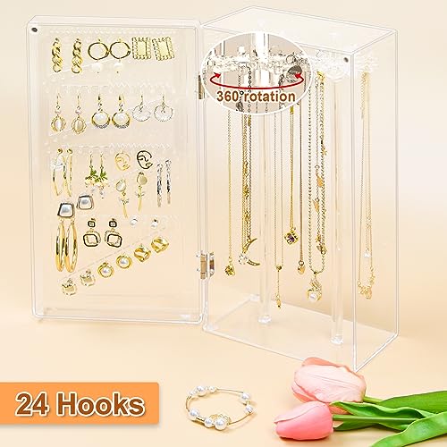 Jenseits Organizador de pendientes de acrílico para collares, caja organizadora giratoria a prueba de polvo, 24 ganchos para collares largos y 108 agujeros para almacenamiento de pendientes, soporte para exhibición, regalo para mujeres y niñas