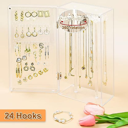 Jenseits Organizador de pendientes de acrílico para collares, caja organizadora giratoria a prueba de polvo, 24 ganchos para collares largos y 108 agujeros para almacenamiento de pendientes, soporte para exhibición, regalo para mujeres y niñas