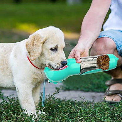 Botella de agua para perros Dispensador de botella de agua para perros portátil y a prueba de fugas, multifuncional 4 en 1 para mascotas Caminar al aire libre Senderismo Camping | Taza de agua, taza de comida, pala para excrementos y bolsa de basura