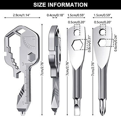 Multiherramienta clave | Herramienta de bolsillo con forma de llave 28 en 1, herramienta múltiple de llavero para taladro, destornillador, lima, llave, regla, abridor de botellas, pelado, herramientas para hombres, regalo (plateado)