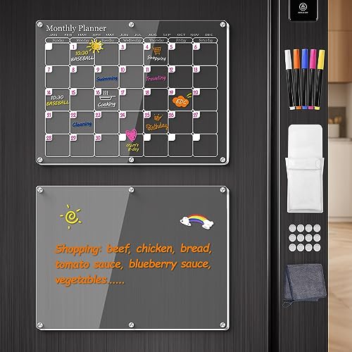 WONDAY Calendario magnético acrílico transparente para nevera, planificador y organizador mensual familiar, pizarra de borrado en seco con imán transparente para nevera, menú y pizarra blanca de planificación de comidas