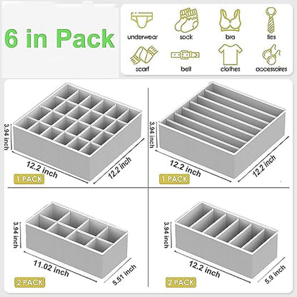 FFVLLAFE Paquete de 6 divisores organizadores de cajones para ropa interior de calcetines, organizadores de armario de tela plegables y contenedores de almacenamiento para ropa, ropa de bebé, sujetador, bragas, bufanda, corbatas (gris)