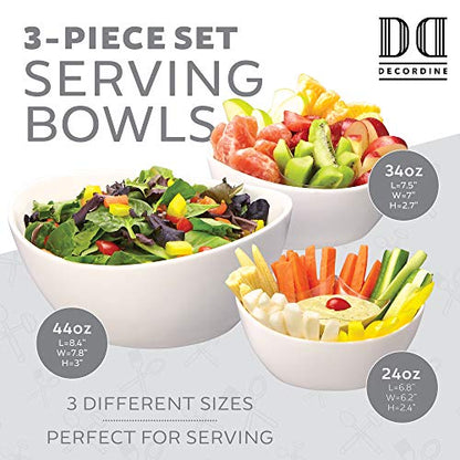 Juego de 3 tazones para servir - Elegantes ensaladeras de porcelana blanca para frutas, ensaladas, pastas y sopas - Platos de exhibición para servir alimentos para fiestas o exhibiciones - 24 oz. 34 onzas. y 44 onzas. - por DécorDine