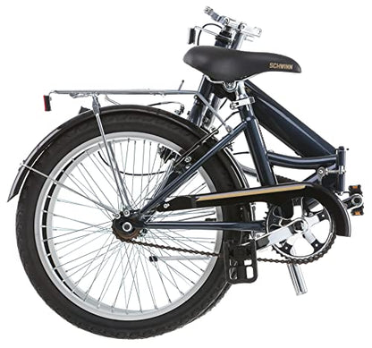 Schwinn Hinge Adult Folding Bike, Mens and Womens, 20-inch Alloy Wheels, Single Speed Drivetrain, Rear Cargo Rack, Carrying Bag Included for Storage, Grey