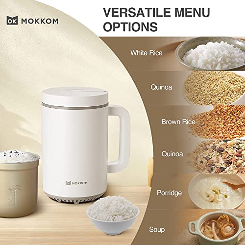 MOKKOM Mini Olla Arrocera 2 Tazas Sin Cocer, Olla Arrocera Pequeña Extraíble, Olla Arrocera Multifunción De Un Toque De 0,8 L para 1-2 Personas, Función Mantener Caliente, Olla Arrocera De Viaje Portátil para Arroz Blanco,Avena, Quinua, Sopa