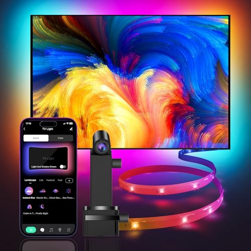 PRODUCTO 103 Retroiluminación LED para TV que se sincroniza con televisores de 50 a 65 pulgadas, tira de luz LED RGB1C de 16.4 pies detrás del televisor, retroiluminación de TV con cámara, funciona con control de aplicaciones, con sincronización de música