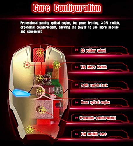 PRODUCTO 199 Ratón inalámbrico Iron Man 2.4G Ratones ópticos inalámbricos de tamaño completo con receptor nano USB, 3 niveles de DPI ajustables, 3 botones para computadora portátil, PC, computadora portátil, computadora, MacBook (dorado)