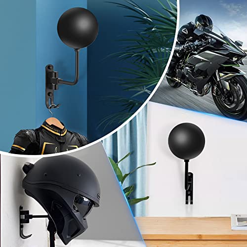 Soporte de pared para casco de motocicleta, rotación de 180 grados, soporte de metal para casco de bicicleta, soporte para exhibición de casco de bicicleta con 2 ganchos, accesorios de motocicleta para casco de béisbol y rugby, negro, 2 piezas