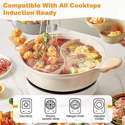 COOKER KING Olla caliente con divisor, olla antiadherente de 12 pulgadas, olla Shabu Shabu de doble sabor de 5 cuartos con 2 cucharones de sopa y tapa para estufa de gas con placa de inducción