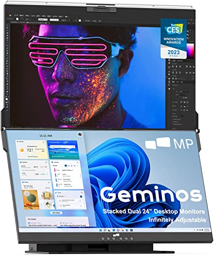 PRODUCTO 16 Mobile Pixels Geminos Monitores de computadora apilados duales de 24" con cámara web y parlantes 1080P, carga USB-C de 65 W, monitor de escritorio vertical todo incluido, HDMI/USB-A/USB-C, infinitamente ajustable (2 monitores)