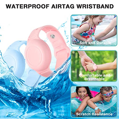 Pulsera AirTag impermeable para niños (paquete de 2) – Pulsera de silicona suave con etiqueta de aire para niños, correa de reloj Airtag ligera, soporte para rastreador GPS oculto para niños compatible con Apple Airtag (rosa/azul)