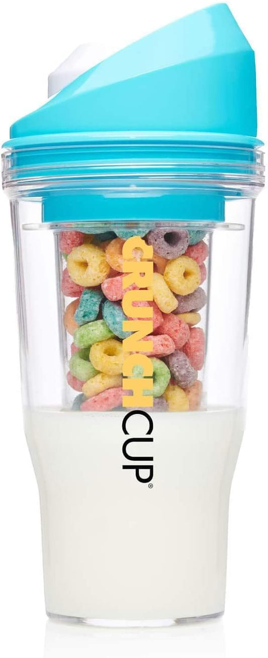 PRODUCTO 91 CRUNCHCUP The XL BLUE - Vasos de cereales de plástico portátiles para el desayuno sobre la marcha, contenedor de cereales y leche para llevar para sus cereales de desayuno favoritos, no requiere cuchara ni tazón