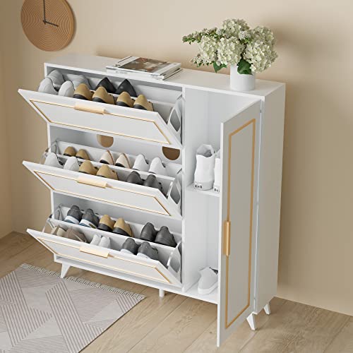 PRODUCTO 391 Cozy Castle Gabinete de almacenamiento de zapatos independiente para entrada con 3 cajones abatibles, gabinete estrecho para zapatos, blanco (42.51" W x 10.04" D x 42.51" H)