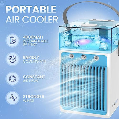 Seven Swift acondicionadores de aire portátiles sin necesidad de ventanas, mini enfriador y humidificador de aire personal evaporativo, 7 luces de colores, 3 velocidades, el mejor ventilador portátil recargable para escritorio de oficina, dormitorio