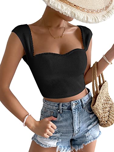 COZYEASE Camiseta corta con cuello en forma de corazón y manga casquillo con ribete de encaje para mujer, color negro S