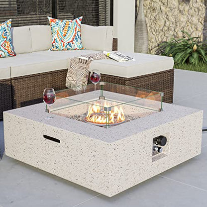 COSIEST Mesa cuadrada de propano para exteriores, base de maceta de piedra sintética blanca terrazo de 35 pulgadas, quemador de acero inoxidable de 50.000 BTU, vidrio de fuego gris transparente y cubierta para lluvia, tapa de metal